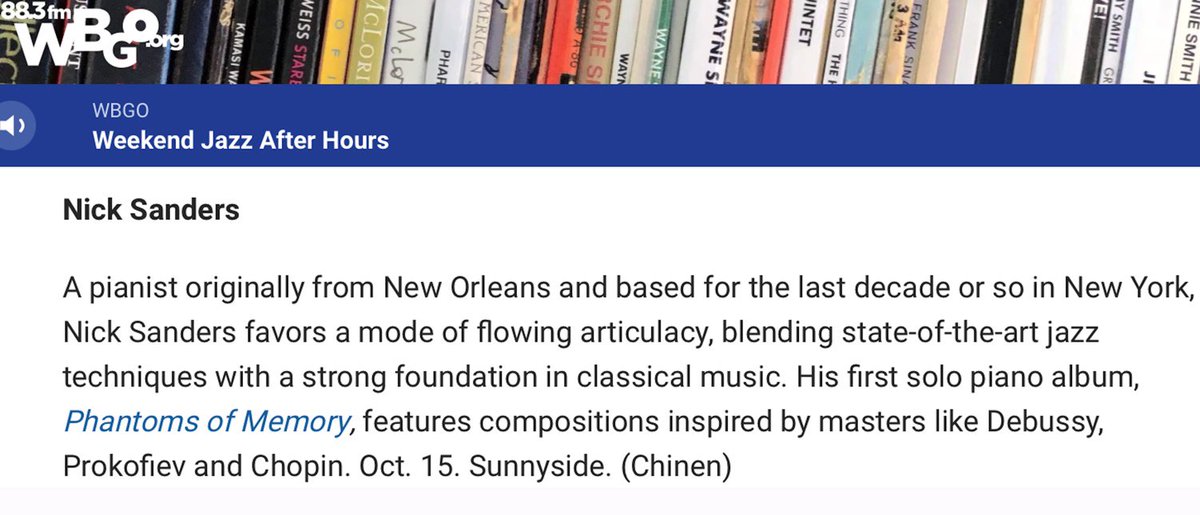 Thank you to @natechinen for including my upcoming solo piano album on <a href="/WBGO/">WBGO Jazz 88.3 FM</a>’s”Fall Preview” - Phantom’s of Memory comes out on October 15, 2021 - looking forward to sharing it with everyone! <a href="/SunnysideRec/">Sunnyside Records</a>