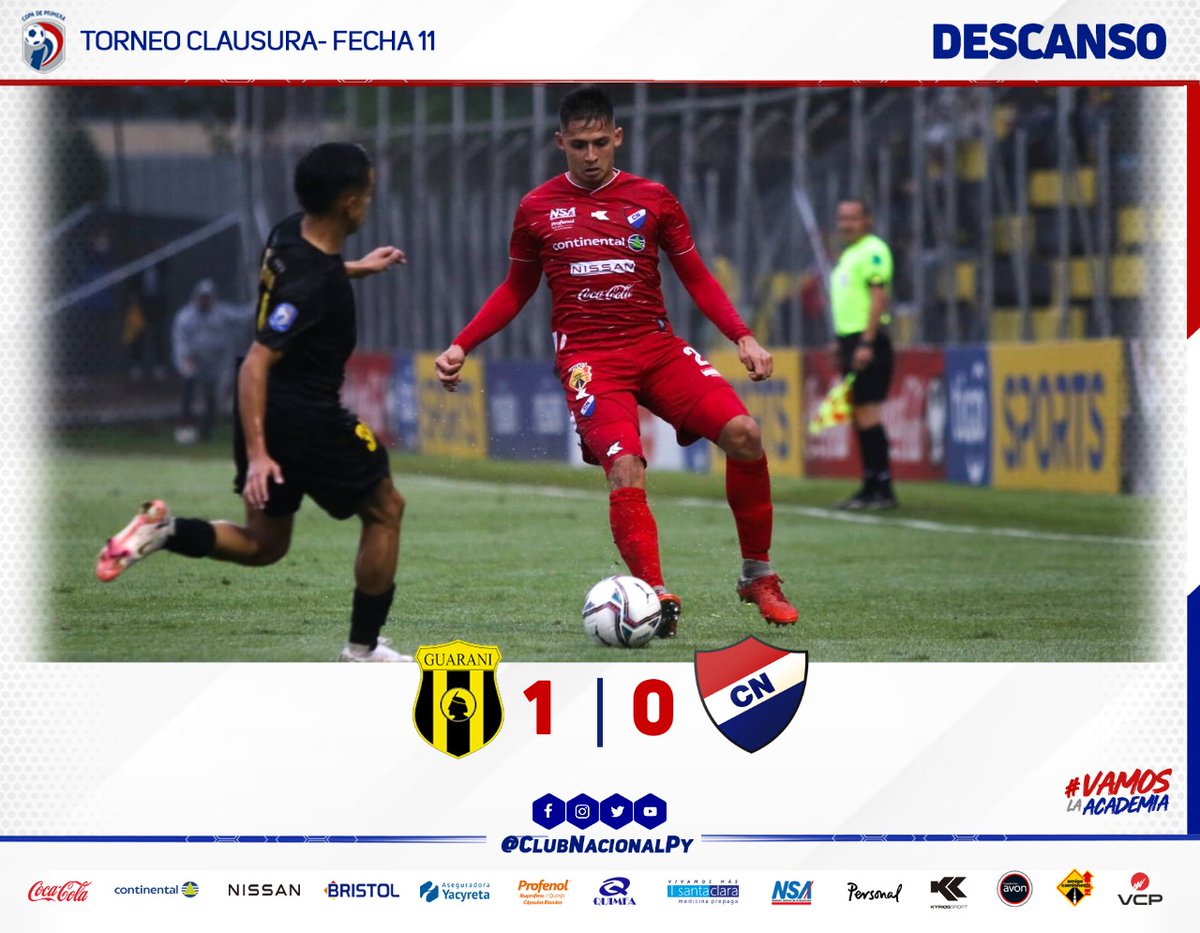 #CLAUSURA2021 🏆

🗓Fecha 11

¡Final del primer tiempo!

Guaraní 1 🆚️ 0 #Nacional

#VamosNacional ⚽️🙋🏻‍♂️
#LaAcademia 🔴⚪🔵