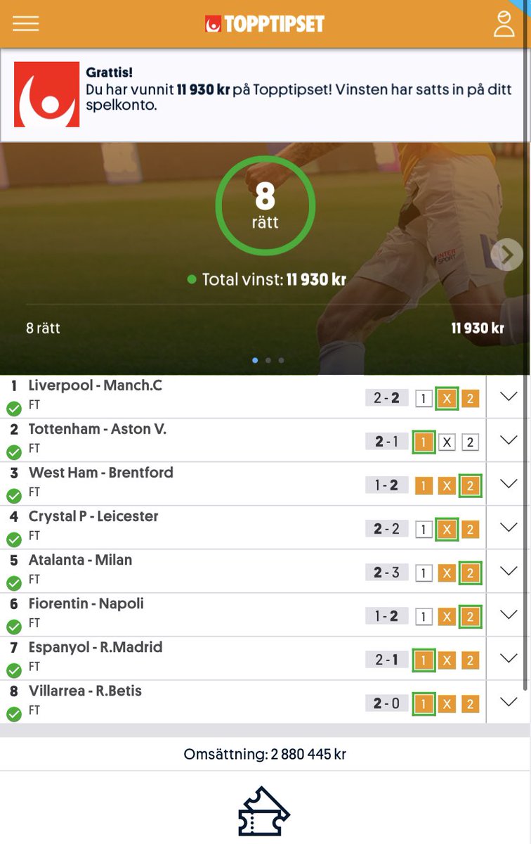 Gazza1X2's tweet image. Topptips 3 Oktober ☑️🥳
Utdelningen sjönk mycket med Napoli och Villareals vinster men man kan inte få allt här i livet. 😅
#Topptips @Europatips_1x2 @stryktipset @Stryktipspodd @dagensbastaspel @domeijen ⚽️