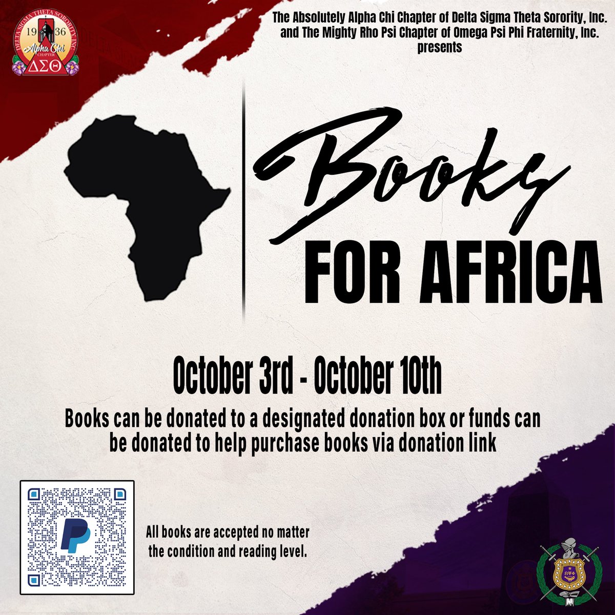 Join the Women of the Alpha Chi Chapter of Delta Sigma Theta Sorority, Inc. and the Men of the Rho Psi Chapter of Omega Psi Phi Fraternity, Inc. as we donate books and raise money for Books for Africa. Scan the QR Code or click the link in our bio to donate money instead! ❤️💜