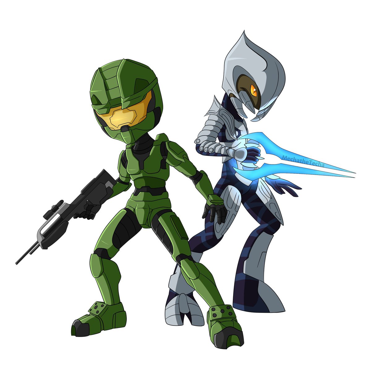RJCCJ's tweet photo. I tasked my good friend @Themechaguy to recreate Master Chief and Arbiter in a cartoonish like style. The final product came out super epic! #halo https://t.co/rYYMbT7z3U
