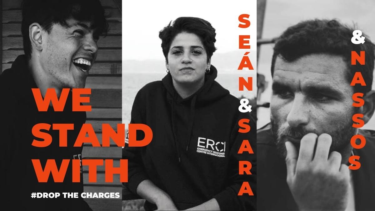 BorderlineEurop's tweet photo. We stand with @FrHumanitarians who face trial on #Lesvos in exactly 1 month. In a show trial meant to intimidate those that side with people on the move, they are accused of #smuggling, espionage, money laundering & more, risking 25 years!
#DropTheCharges #TheBorderIsTheProblem https://t.co/AuDSQj7uUn