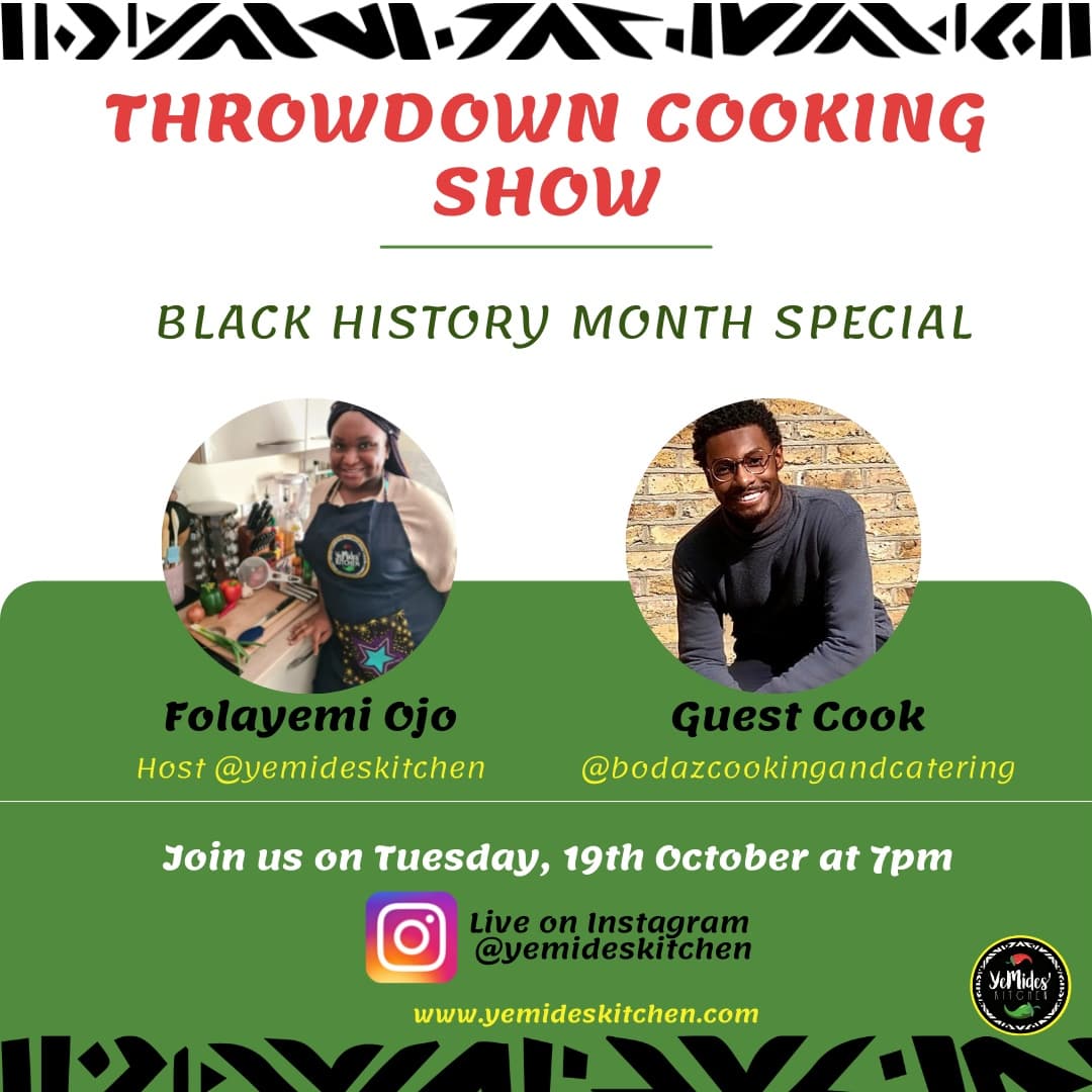 YemidesKitchen's tweet photo. This week on our #BHM special Throwdown Show, we're excited to be cooking up a storm with PJ from bodazcookingandcatering

PJ is #Proudtobe a British born Jamaican, who grew up in a Jamaican household in South London. He'll be joining us live tomorrow at 7pm. See you there!
#Food https://t.co/13XJCkTfX3