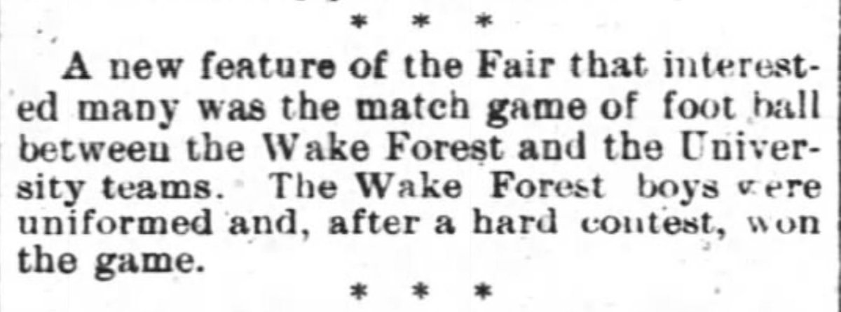 uncarchives's tweet photo. On this day in 1888, @NCStateFair debuted a new attraction: college football. In its first ever game, @UNCFootball played Wake Forest, losing by a score of 6-4. https://t.co/XvVzhzknV4