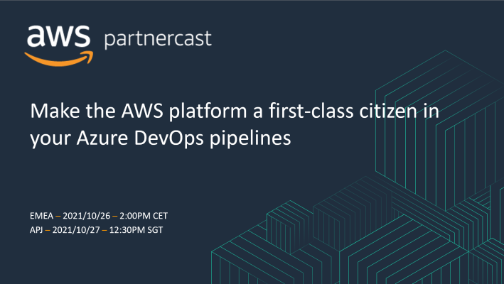 AWS_Partners's tweet photo. For #AWSPartners - Explore how to seamlessly integrate Azure #DevOps into a build/release process & deploy to #AWS.
๐ EMEA webinar (10/26) - https://t.co/3odY5lM2Ob
๐ APJ webinar (10/27) - https://t.co/jxSLpq2eVk
#WindowsOnAWS https://t.co/2RpDYJfcGb