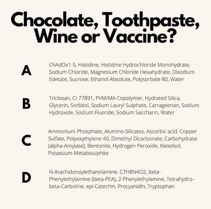 AntibioticDoc's tweet image. Vaccine ingredients can be listed to sound scary.
But life is chemicals.
Fun game: Look at these lists, find the vaccine!
Every one of these products is safe and dare I say it- good!
I got from Periodically Gunny Chemist via @TheSciBabe
1/
