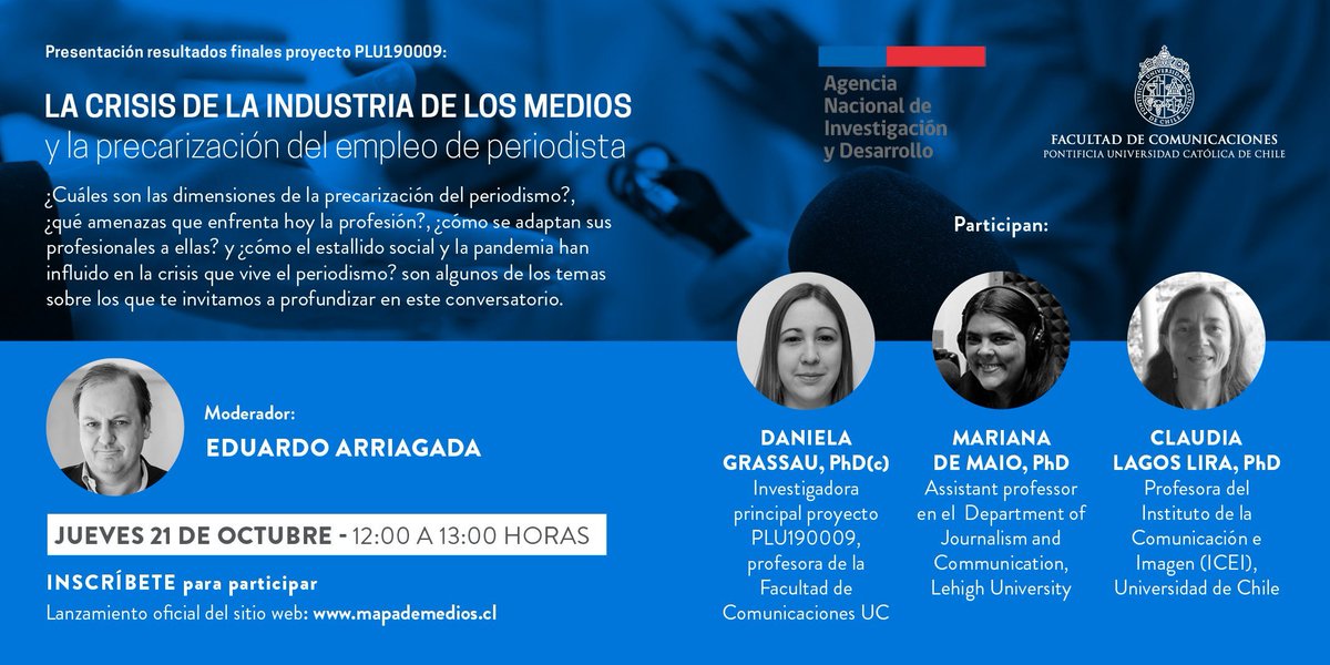 #PanoramaICEI | Cierre de medios, despidos masivos, crisis de confianza,... ¿hay futuro para el periodismo? De esto y más conversarán <a href="/danielagrassau/">Daniela Grassau</a> <a href="/marianasabina/">Mariana De Maio</a> y Claudia Lagos del ICEI <a href="/uchile/">Universidad de Chile</a> este jueves 21. Modera <a href="/earriagada/">Eduardo Arriagada</a>. Inscripciones en ➡️ forms.gle/ZsbwASgcT4N9y6…