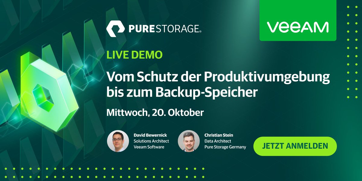 Veeam und #PureStorage ermöglichen die Einrichtung, Sicherung und Instant Recovery von virtuellen Maschinen und Microsoft SQL-Datenbanken. Die Live-Demo am 20. Oktober zeigt, wie #PureStorage-Systeme in Veeam Backup &amp; Replication integriert werden können. bddy.me/3aMx7C6