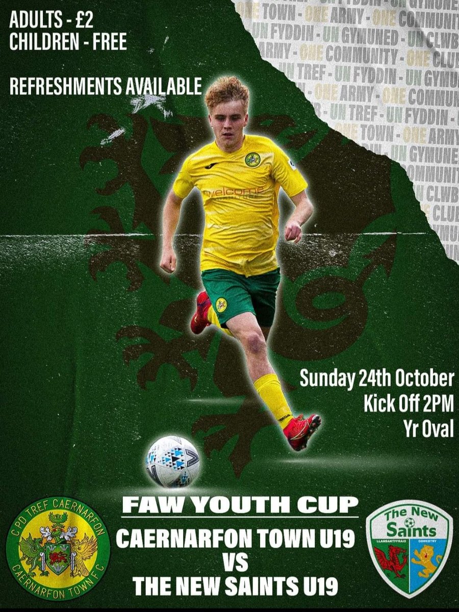 Our Youth Team are back at The Oval this coming Sunday 24/10 in the 5th Round of the FAW Youth Cup v TNS. Come and support the lads 💛💚 
Mae'r tim Ieuenctid nol yn Yr Oval Dydd Sul nesa ma 24/10 yn y 5ed rownd o Cwpan Ieuenctid Cymru yn erbyn TNS. Dewch i gefnogi y hogia. 💛💚
