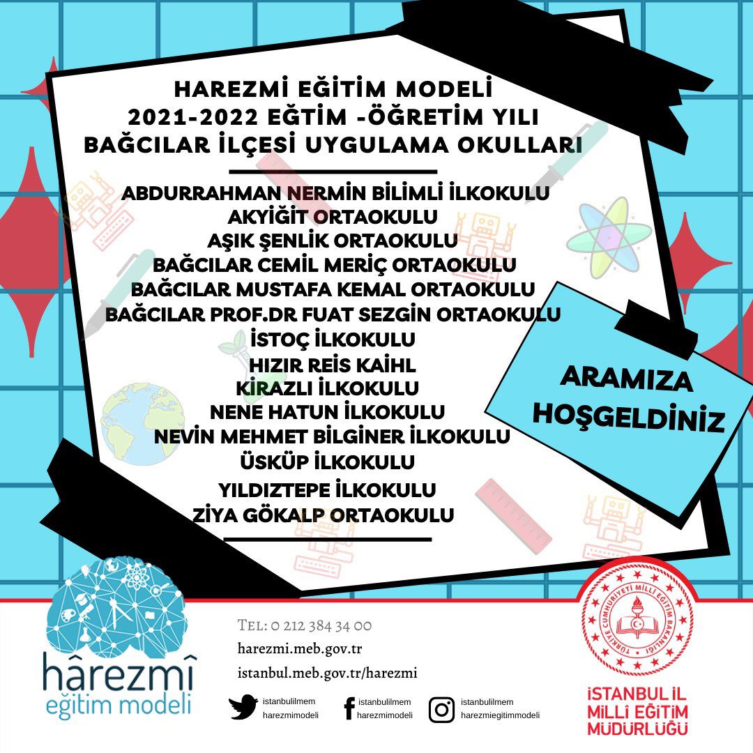 Harezmi Eğitim Modeli kapsamında Bağcılar İlçemiz geneli seçilen 14 Uygulama Okulumuz ve ekipte yer alan değerli öğretmenlerimiz aramıza hoş geldiniz. <a href="/memleventyazici/">Levent Yazıcı</a> <a href="/Mustafa_Eldivan/">Mustafa ELDİVAN</a> <a href="/19_mstfylmz/">Mustafa YILMAZ</a> <a href="/istanbulilmem/">İstanbul İl Millî Eğitim Müdürlüğü</a>