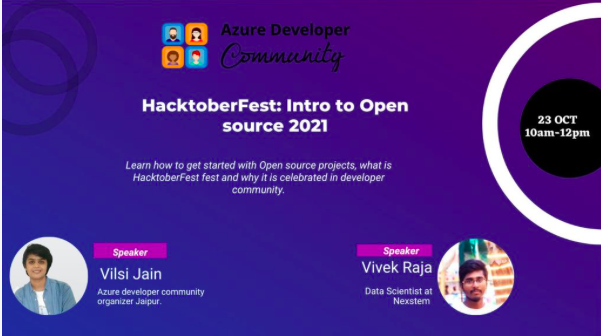 azdevindia's tweet photo. Azure Developer Community ๐๏ธ invites enthusiasts to attend the ๐จโ๐ปvirtual "HacktoberFest: Intro Open source 2021.โ
A 1๏ธโฃ-month Open Source festival!
Event starts: October 23 SaturdayโจTime : 10am - 12pm
RSVP: https://t.co/wm4PzBTZif
#AzureDevIndia #Azure #Communityโจ #MSFT https://t.co/O7BDrCJhil