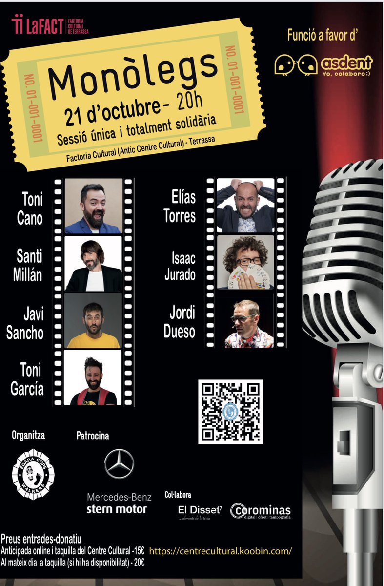 Este jueves 21 os esperamos en una gala solidaria a beneficio de <a href="/Asdent_es/">Asdent</a> con un señor cartel que no se la salta <a href="/TodoJingles/">TodoJingles</a> montado en @3en1burro 
<a href="/Santi_Millan/">Santi Millán</a> 
<a href="/Javi_Sancho_/">Javi Sancho</a> 
<a href="/Toni_Cano_/">Toni Cano</a> 
<a href="/Isaakjurado/">Isaac Jurado</a>
Entradas anticipadas disponibles en @CCulturalTRS centrecultural.koobin.com