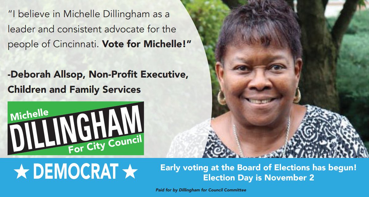 MichelleDunn513's tweet photo. Thanks Deborah Allsop for sharing your confidence in my candidacy for City Council. The polls are open for early voting at the Board of Elections until 5pm! #VoteDillingham (And, please vote YES for the Children's Services levy it won't raise your taxes!) https://t.co/gLI7m1FDzF
