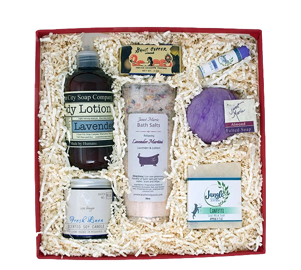 This lovely box is a gift that is simply, elegant. Each item speaks to the sweet grace that elegance exudes. Martini lavender bath salts, creamy hand and body lotion, a fresh linen candle, rich goat milk soap, lip balm and ghost pepper caramels. Indulge the mamas, sisters, sistas