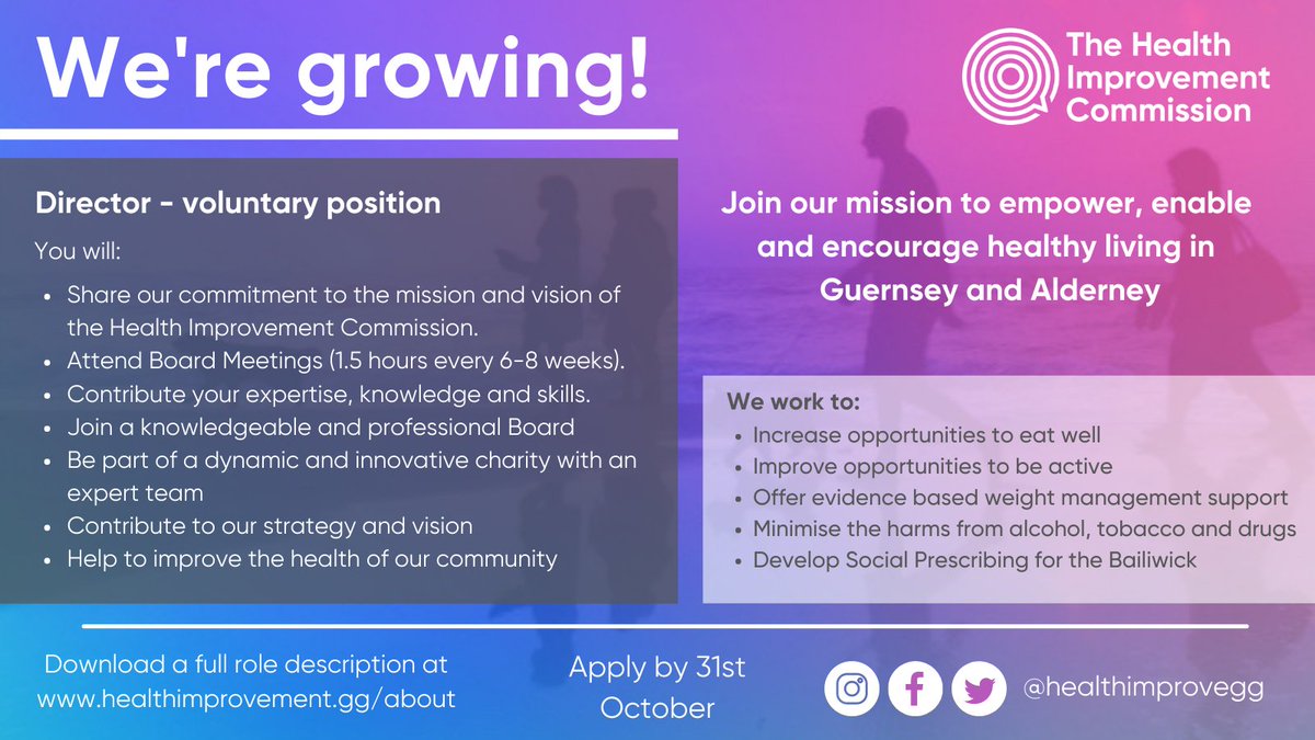 healthimprovegg's tweet photo. We’re looking for Directors to join the Health Improvement Commission’s Board.
If you are passionate about our work and improving health, read more and apply here: https://t.co/QephnlNkOI
#GuernseyRecruitment #GuernseyVoluteering
#GuernseyHealth https://t.co/CZ1wVe7w10