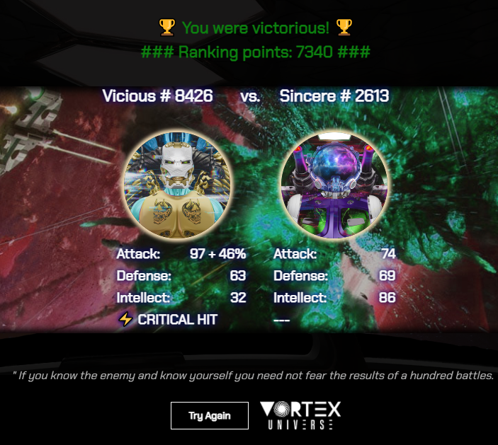 TheVortexNFT's tweet photo. Here are some specifics from our demo game:
โ
General cannot attack another General from the same race.
โ
Sinceres have the most chance for critical hit โก๏ธ because of their intellect ๐ง
โ
Losing a battle will still earn you ranking points. You'll always gain experience ๐
https://t.co/S76Rzi7Ome