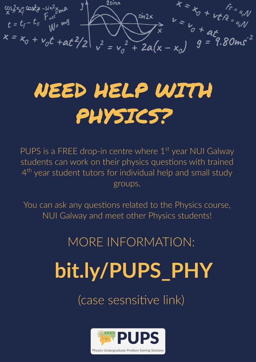 PhysicsUofG's tweet photo. Any first year students at NUIG need some help with physics? check out our informal, drop-in peer-led student support sessions @http://bit.ly/PUPS_PHY Room PHY220, 1pm, Mon, Wed, Thurs https://t.co/rMWgN01URd