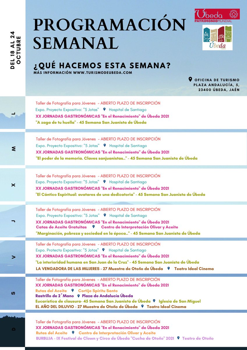 PROGRAMACIÓN 📄| ¡ꜰᴇʟɪᴢ ʟᴜɴᴇꜱ!✌ ¿Qué actividades podemos realizar esta semana (18 al 24 OCTUBRE) en Úbeda (Jaén)? #oficinadeturismo #patrimoniodelahumanidad #ubeda #Programación #sanjuandelacruz #teatro #cultura #actividadesculturales #actividadesturisticas