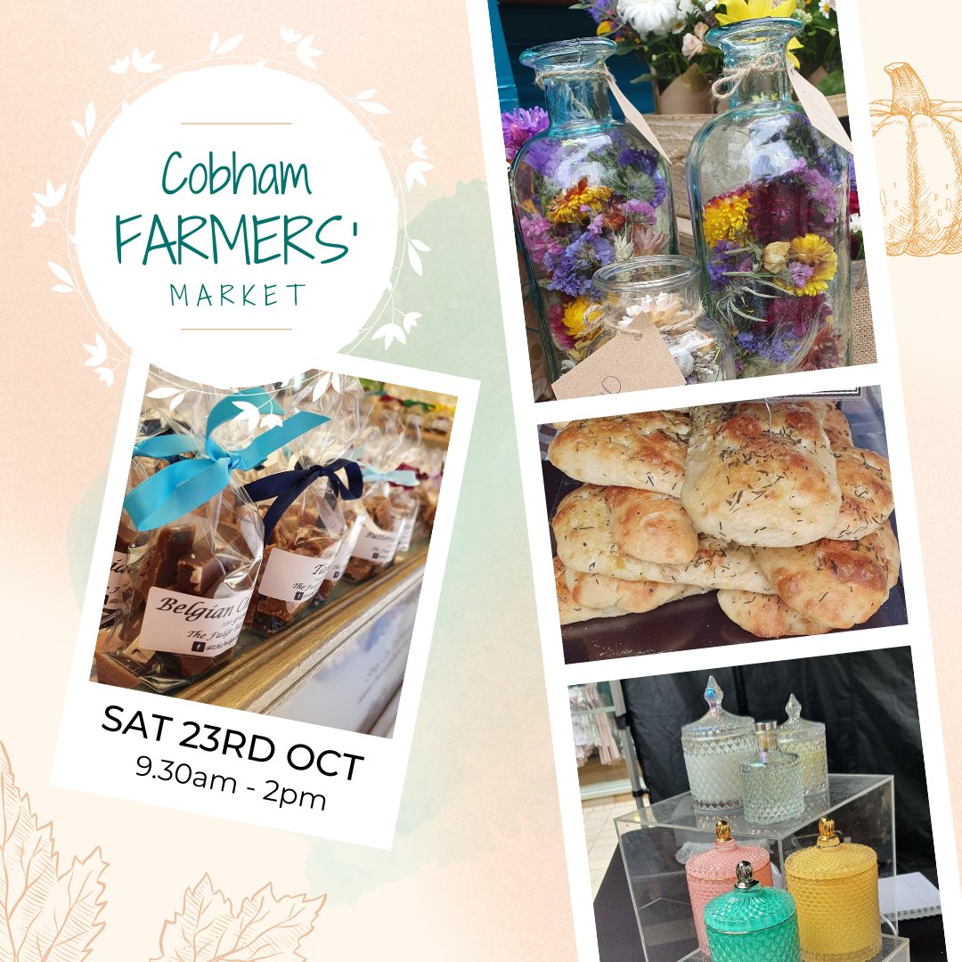 This Saturday is the fourth on in the month which means it's time for #Cobham Farmers' Market! Come and enjoy our stalls stocked with scrumptious foods, treats, flowers and unique gifts. 

📆 Saturday 23rd October
⏰ 9.30am - 2pm 
📍 Hollyhedge Road
