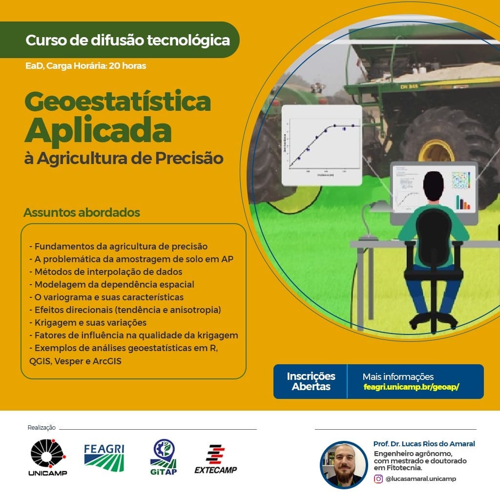 feagri's tweet photo. Geoestatística Aplicada à Agricultura de Precisão
Inscrições abertas #geoestatistica #agriculturadeprecisao #unicamp #feagri #extecamp 
https://t.co/7oLsCyAzRQ https://t.co/lXQuBortiD