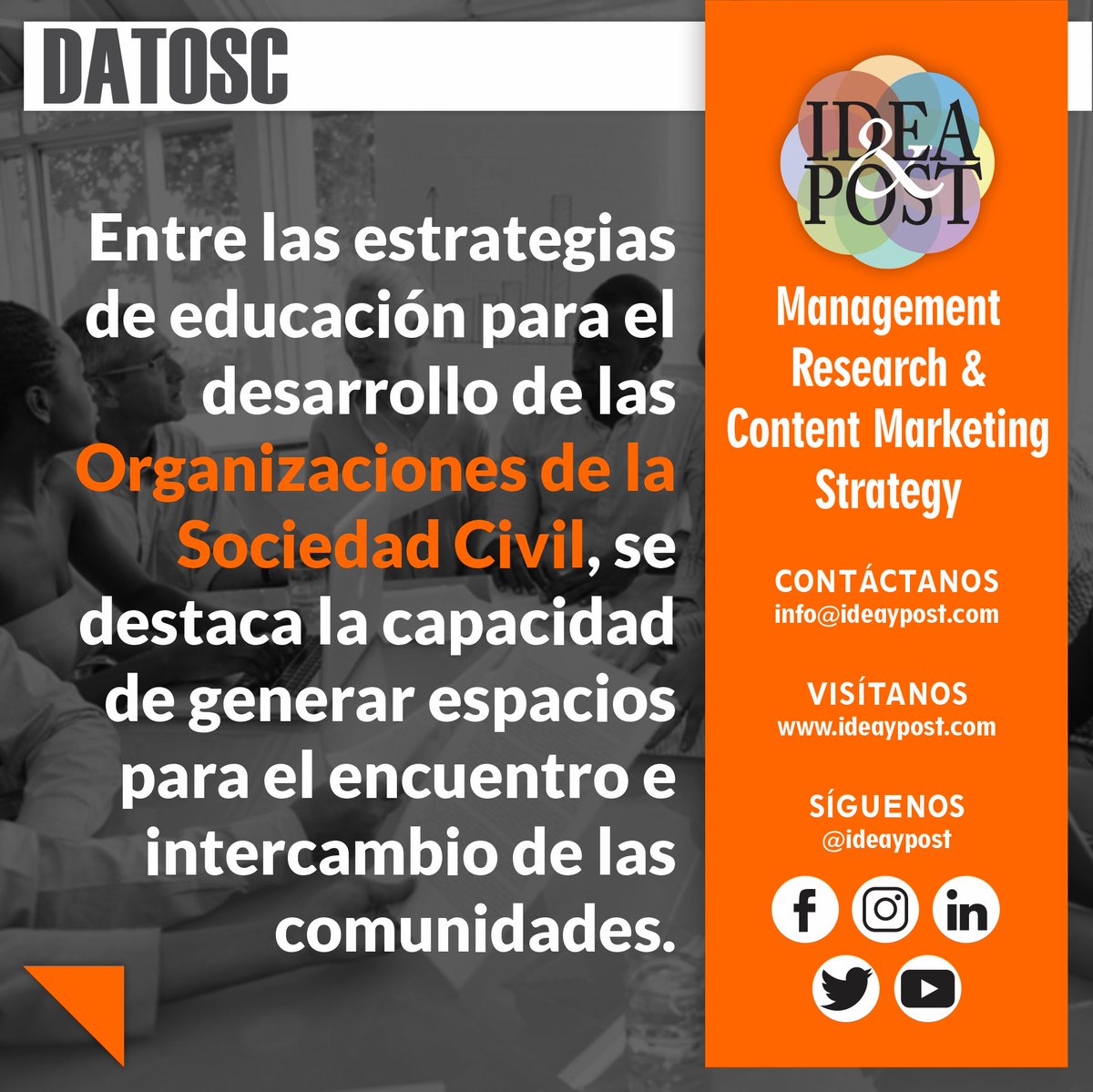 ideaypost's tweet image. Las organizaciones de la sociedad civil desarrollan con gran esfuerzo espacios para el intercambio de experiencias de las comunidades.

Síguenos en #ideaypost o visita nuestro #blog en ideaypost.com y conoce más #datosc el Tercer Sector.

#tercersector #ong #osc #ods