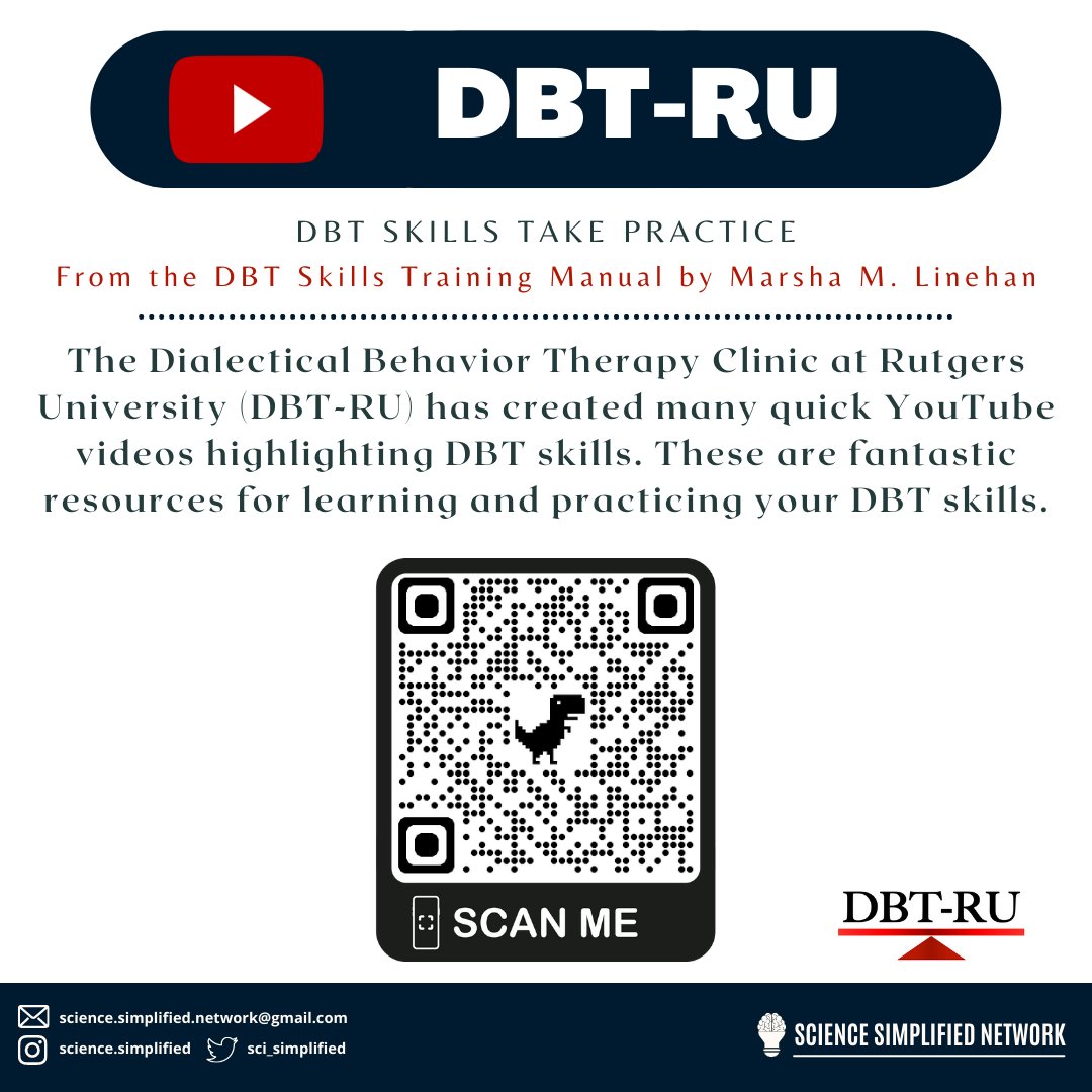 sci_simplified's tweet photo. Check out these amazing and super short #DBTskills videos by DBT-RU! They highlight #mindfulness #interpersonaleffectiveness #crisissurvival and many other aspects of #DBT. They were also recently translated to French! #scicomm https://t.co/pX7Z79mUDY
