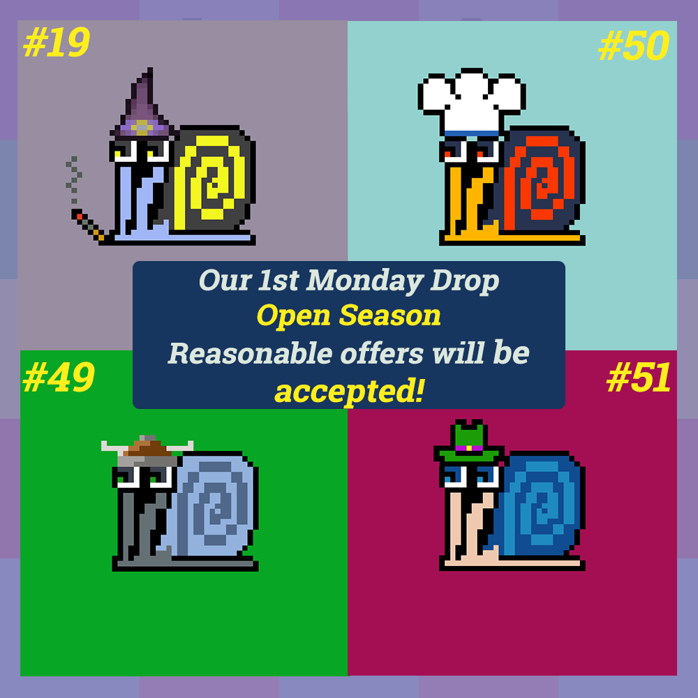 sdjelal's tweet photo. The 4 have dropped!
#StrangeSnail 49 50 51 &amp; a rerelease of 19-got trapped in #eth swamp-made it out to #Poly 
Make your "reasonable" offers by Wednesday
Happy hunting!
19: https://t.co/R4kMeEHW5t
49: https://t.co/MlxshqKkaW
50: https://t.co/pl5WiWP5K8
51: https://t.co/0eLQzWfGlK https://t.co/iwYGAmx8pA