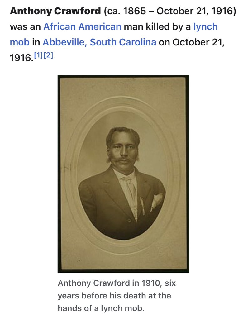 Anthony Crawford a very successful farmer was lynched cuz he had the audacity to argue w/a white merchant over the price of cottonseed. He was the patriarch of a multi-generational family &amp; WAS the owner of 427 acres of land. WS hate Black success. #Fresh #ONE2DAY #RaiseAFist