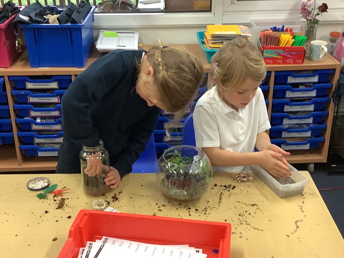Class 2 are incredibly busy creating their miniature enchanted gardens 🌿🍄 #creative #enchantedgardens #terrarium #imaginations #ks1 #ks1topic #fairygardens