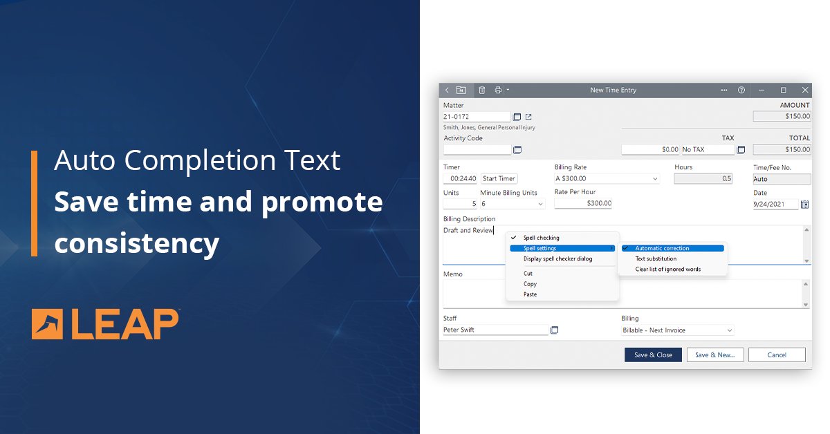 LEAP4Lawyers's tweet photo. #LEAPUserInfo Save time using Auto Completion Text when entering transactions. Start typing and let LEAP finish it for you! Learn more here: https://t.co/IfudR4ksl2 https://t.co/T2rGpwfaBx