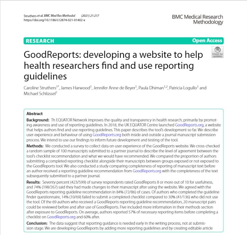 🚨Brand new!🚨 Our paper describing users' experiences with GoodReports.org, the @EQUATORNetwork website that helps authors find and use #ReportingGuidelines to ensure #ResearchTransparency & secure #ResearchIntegrity.

rdcu.be/czE70