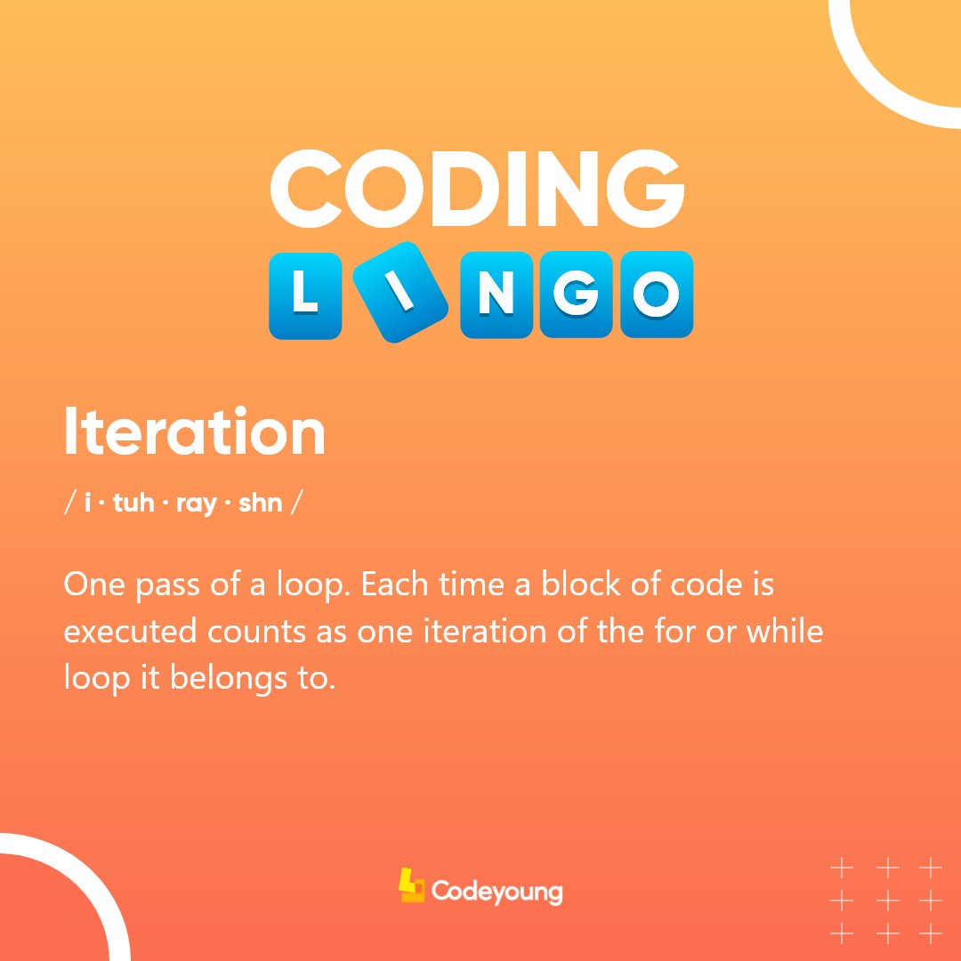 Codeyoung_india's tweet image. In Today's Coding Lingo - Iteration.
#CodeyoungCodingLingos #codingterms #codinglingos #codingwords #words #vocublary #codingwords #coding #coders #programmers #programming #coderlife #codingforkids #pyhton #javascript #html #technology #tech #codingisfun #mastercoder #code