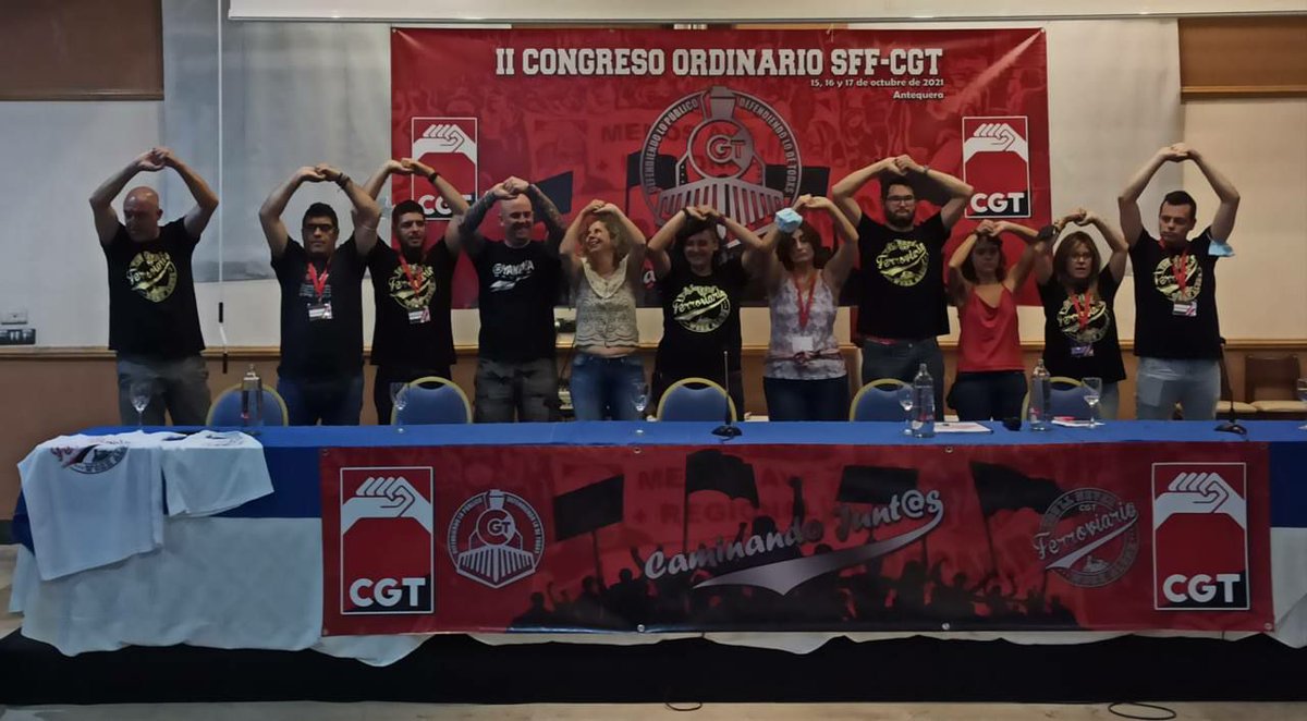 CGT's tweet photo. [Sector Ferroviario]

Durante los días 15, 16 y 17 de octubre se ha celebrado en Antequera (Málaga) el II Congreso Ordinario del  @SFFCGT. En este comicio se ha elegido un nuevo Secretariado Permanente y se ha fijado la hoja de ruta para la acción sindical de los próximos 4 años. https://t.co/OaK8wG4o46