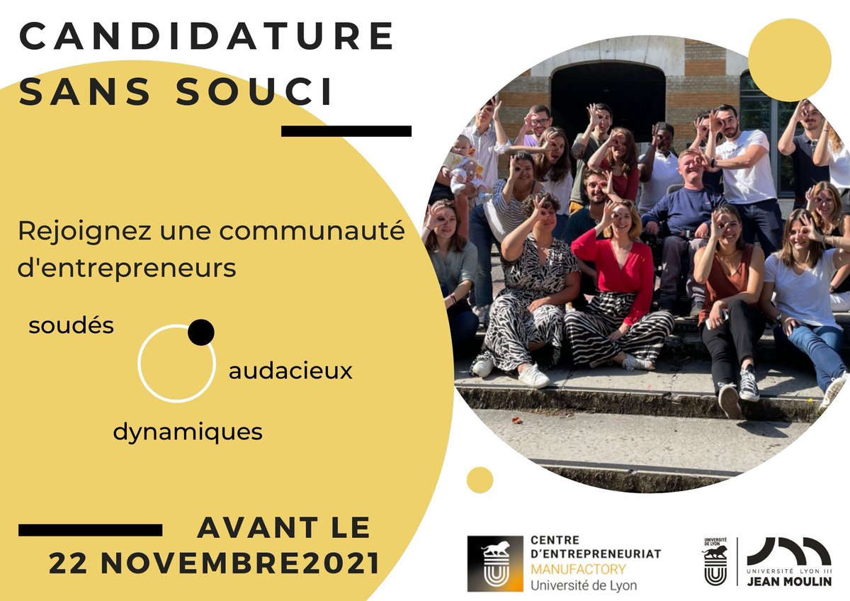 [#Entrepreneuriat] L'Incubateur Manufactory Sans Souci #univlyon3 recrute sa promo 2022 ! #etudiant ou jeune diplômé, vous souhaitez aller plus loin dans votre projet et rejoindre une communauté de jeunes entrepreneurs soudés ? Candidatez dès maintenant 👉 univ-lyon3.fr/lincubateur-ma…