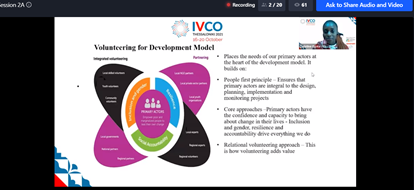 VSOPeople's tweet photo. Christine presenting Volunteering for Development model and how it places the needs of our primary actors at the heart of the development model. #IVCO2021 https://t.co/F2Gip7ifhf