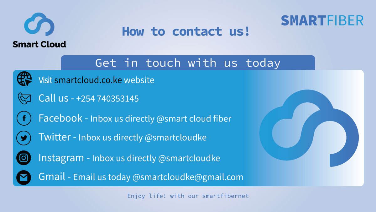 smartcloudke's tweet photo. Hello World! Need to reach out to us? here are the ways to get in touch with us today at smart cloud! 
Enjoy life! 
#broadbandforall #internetserviceprovider #fibrebroadband #connectionnetwork https://t.co/MMvHkujktR