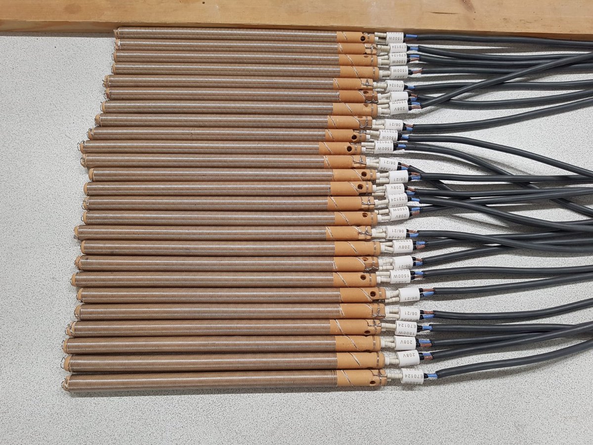 pneutherm's tweet image. Pencil bar heating elements ready for a customer who works in water purification. These elements consist of resistance wire wound around a ceramic core, they are then finished and terminated ready for use

#heatingelement #waterpurification #ceramiccore