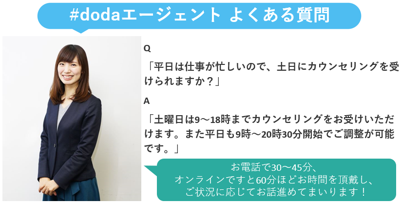 Doda デューダ On Twitter Dodaエージェント 解説 よくある質問に答えます 質問 平日は仕事が忙しいので 土日にカウンセリングを受けられますか 答えは画像をタップ Doda 転職
