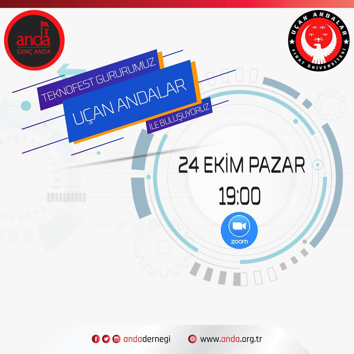 ✈️TEKNOFEST2021’de 
Sürü İHA kategorisinde finale kalıp 3. olarak yarışmayı tamamlayan  <a href="/UcanAndalar/">UÇAN ANDALAR</a> sürü İHA takımımız 24 Ekim  19.00’da Genç Anda ile buluşuyor.

Sizler de bize katılıp çalışmalarımıza dahil olmak isterseniz sosyal medya hesaplarımızdan bizlere ulaşabilirsiniz💭