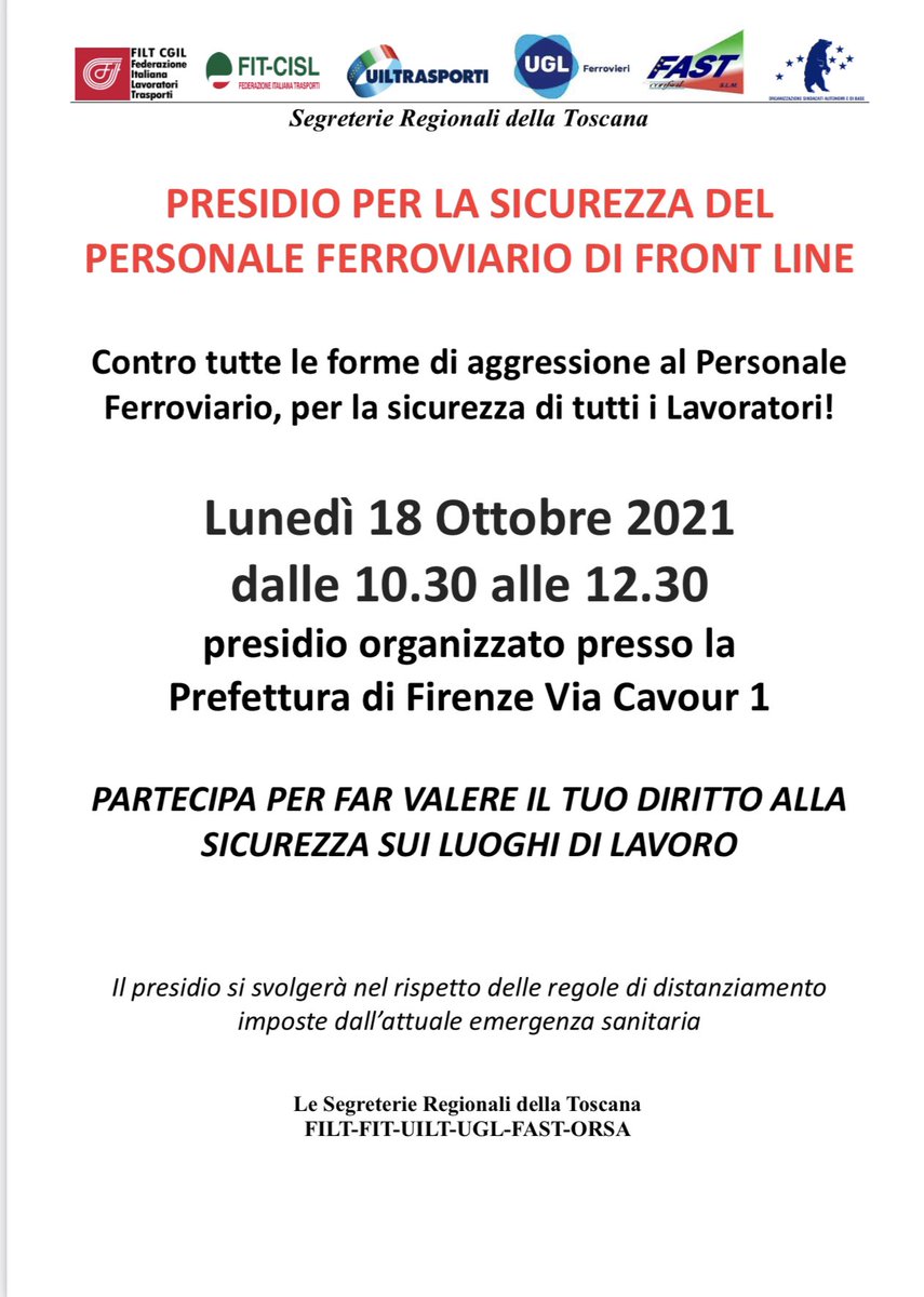 FitCislToscana's tweet photo. 🟢 🚂 Presidio per la sicurezza del Personale FS -Prefettura di Firenze. @FitCislToscana con il Segretario Regionale Antonino Rocca ed il Segretario Generale Franco Fratini e tanti lavoratori per chiedere più sicurezza per il personale ferroviario di front line #stopaggressioni https://t.co/ILS1R39ATu