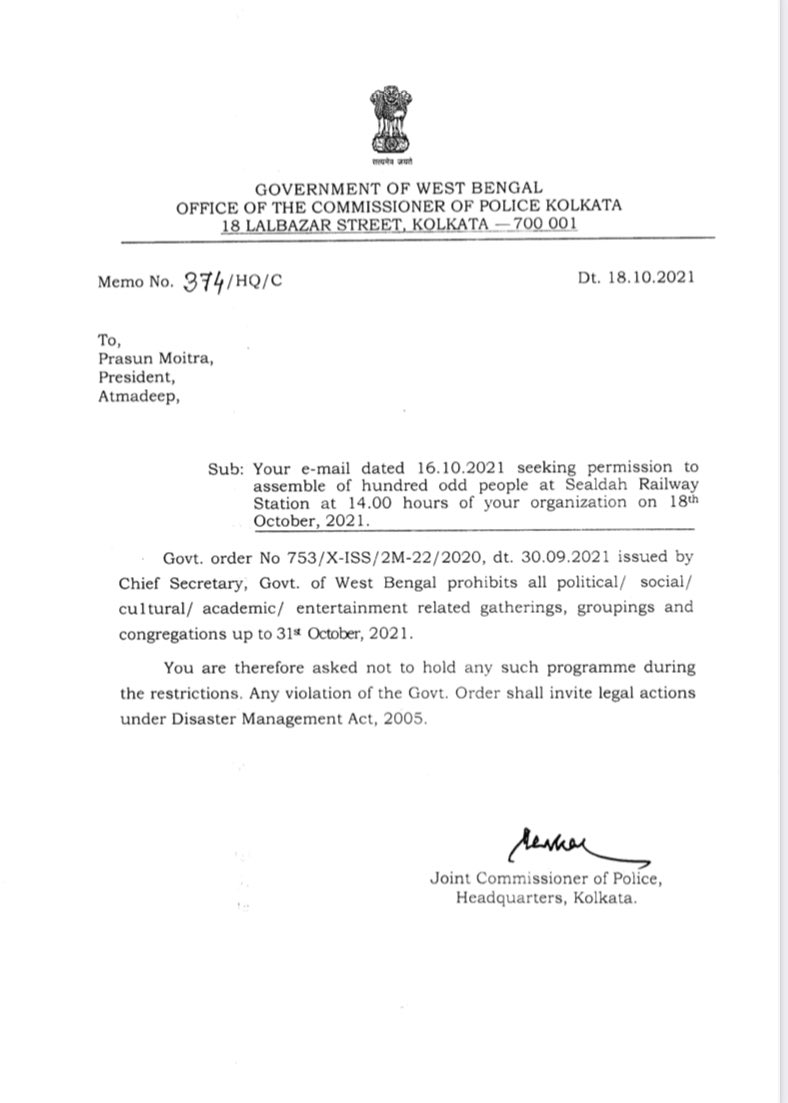 prasunmaitra's tweet photo. Disgraceful step by ⁦@KolkataPolice⁩ to deny permission of procession under instructions of ⁦@MamataOfficial⁩. Now, we are going to hold a rally at Sealdah. https://t.co/3Q0a2Vhynl