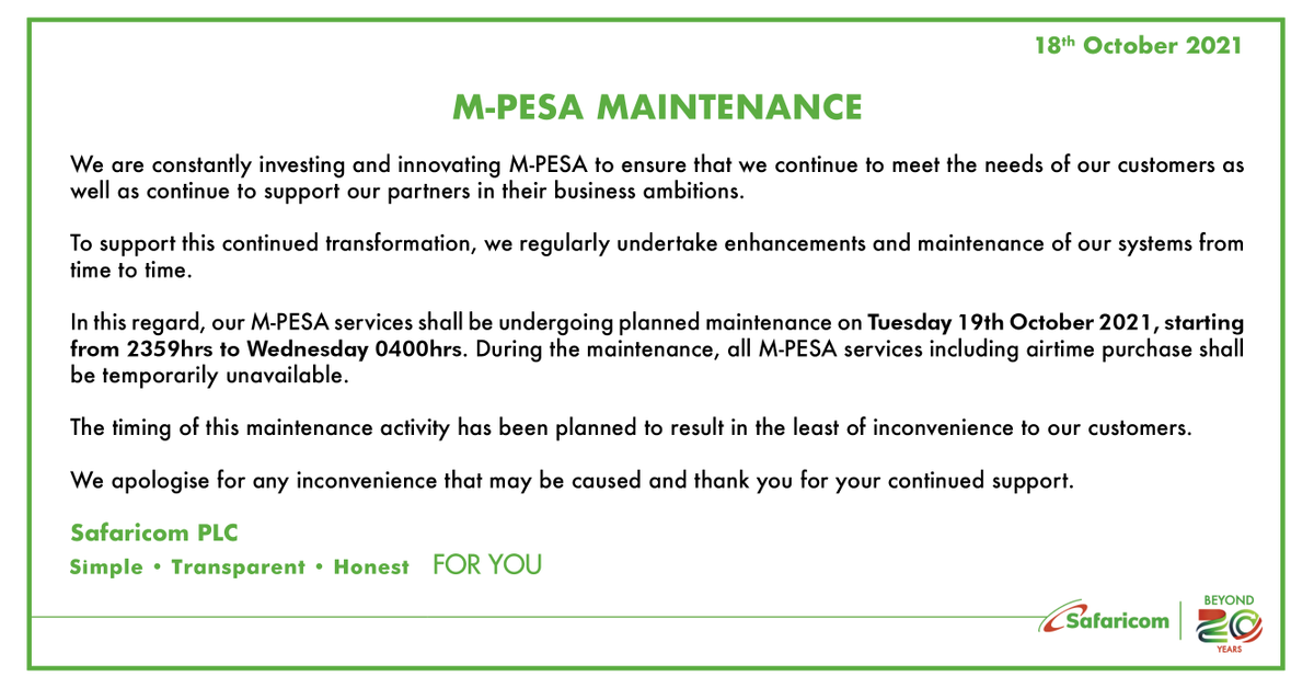 SafaricomPLC's tweet photo. Customer Notice: Planned M-PESA Maintenance https://t.co/UzKRLelNtZ