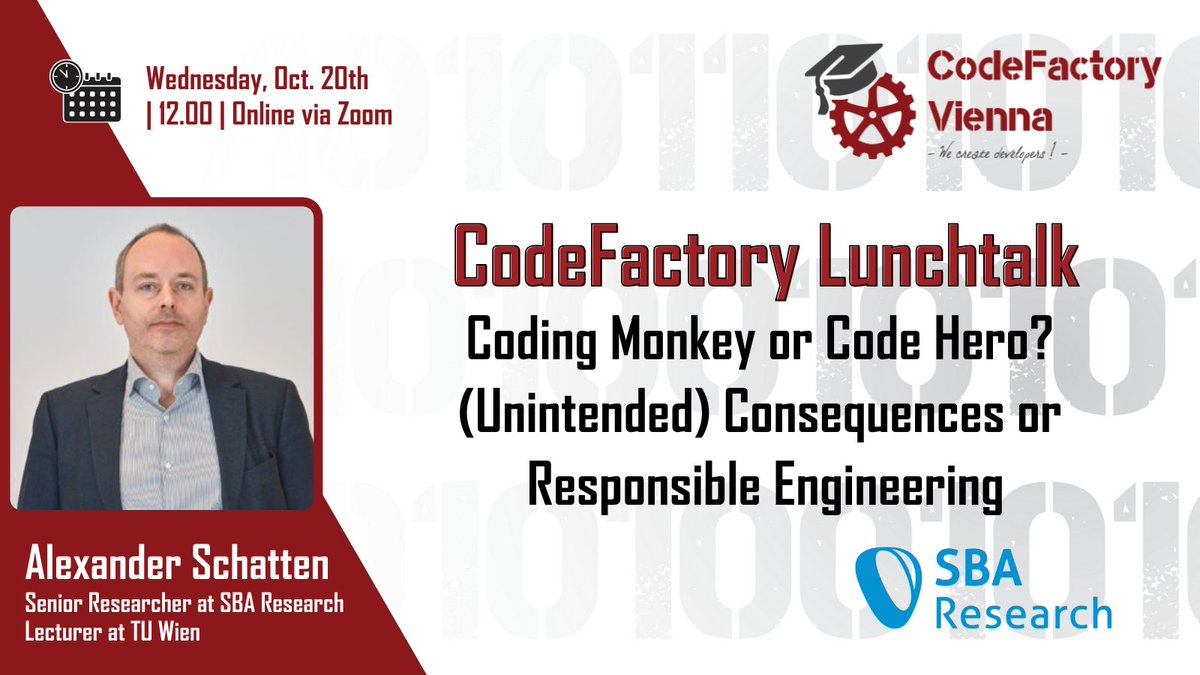 CodeFactoryVIE's tweet image. Join us this Wednesday for our CodeFactory Lunchtalk with @alex_buzz (Senior Researcher @SBA_Research and lecturer at TU Wien)!
Join us on Zoom, Wednesday, Oct 20th, at 12.00:
us02web.zoom.us/j/83859145190?…
Meeting-ID: 838 5914 5190
Kenncode: 414953
#lunchtalk #codefactory