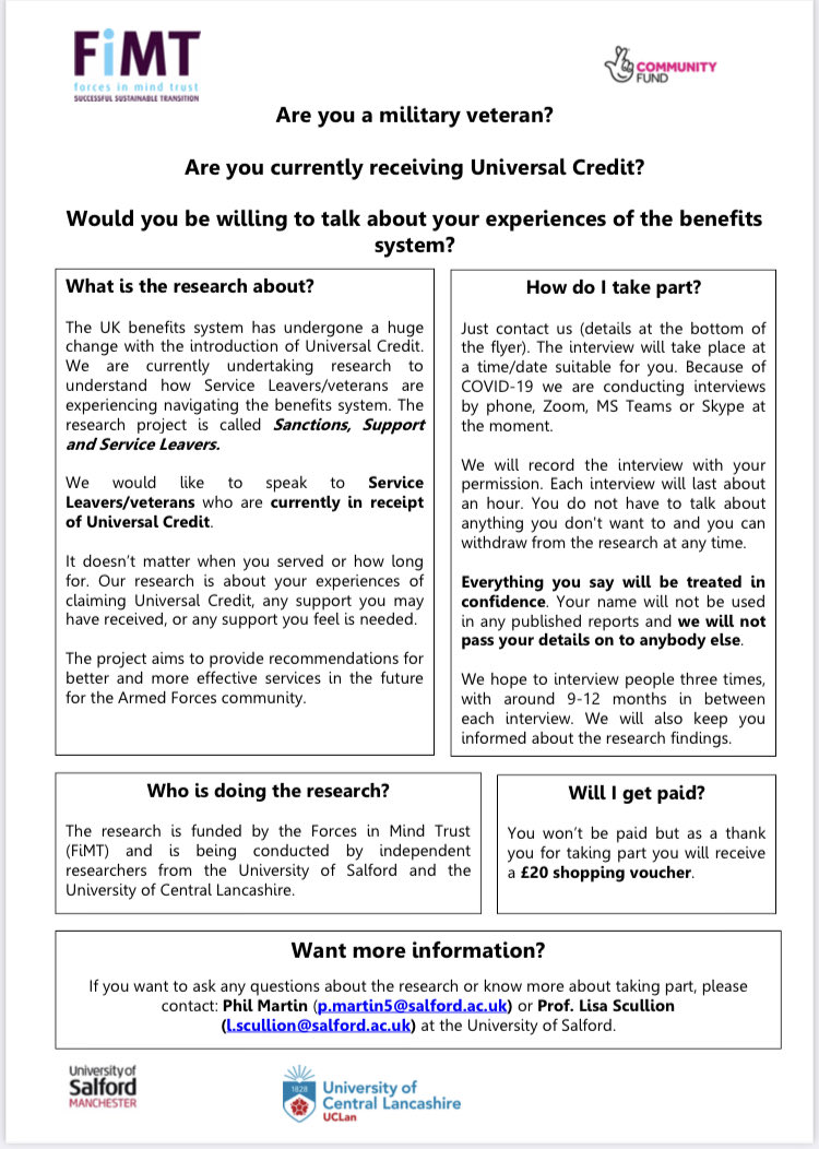 Prof Lisa Scullion (@lisa_scullion) on Twitter photo Are you a veteran? Are you currently claiming Universal Credit? Would you like to talk to us about your experiences? We are still recruiting participants for our ā¦<a href="/FiMTrust/">Forces in Mind Trust</a>ā© āSanctions, Support & Service Leaversā project ⦠Are you a veteran? Are you currently claiming Universal Credit? Would you like to talk to us about your experiences? We are still recruiting participants for our ā¦<a href="/FiMTrust/">Forces in Mind Trust</a>ā© āSanctions, Support & Service Leaversā project ā¦