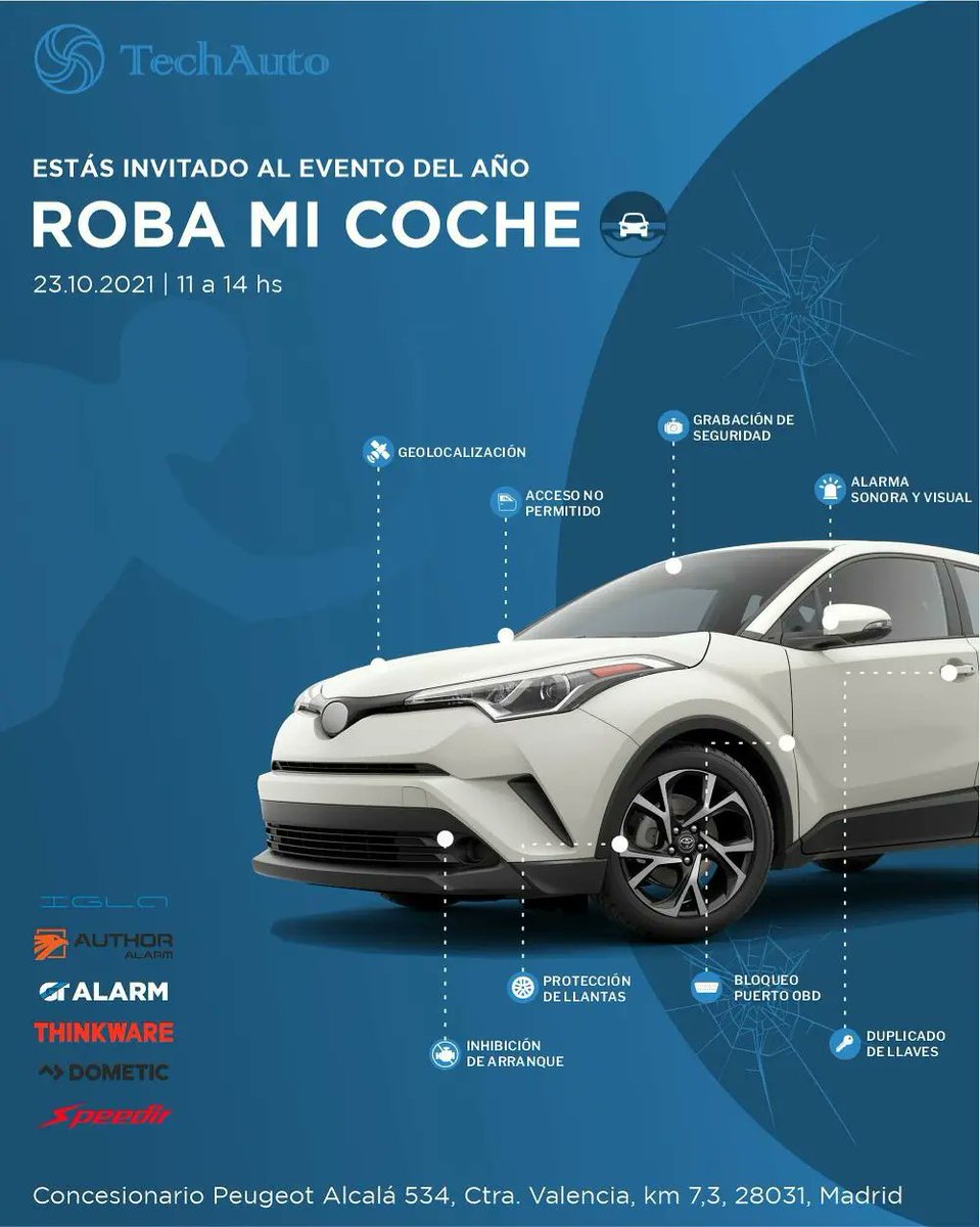 techauto_es's tweet photo. ¿Te atreves a robar un coche? ¿Te gustaría intentarlo?
Estás invitado este Sábado 23 de Octubre al evento ROBA MI COCHE.
Inscríbete y participa del Sorteo de un IGLA Alarm + IGLA GPS.
*Ver condiciones en la web.
https://t.co/GtX0idtRCu https://t.co/FY4jjKY7JW