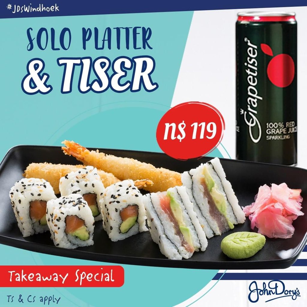 OIHOLEYANDJIVA's tweet photo. Lunchtime made easy with our 'sushi-licious' Solo Platter & Tiser Special at #JDsWindhoek! ๐ฃ๐ฅข
#EveryoneLovesJDs
To place your order for Collection โ +264 81 140 2151
Ts&Cs Apply | Offer only valid during lunchtime https://t.co/Ifo07gyv5r