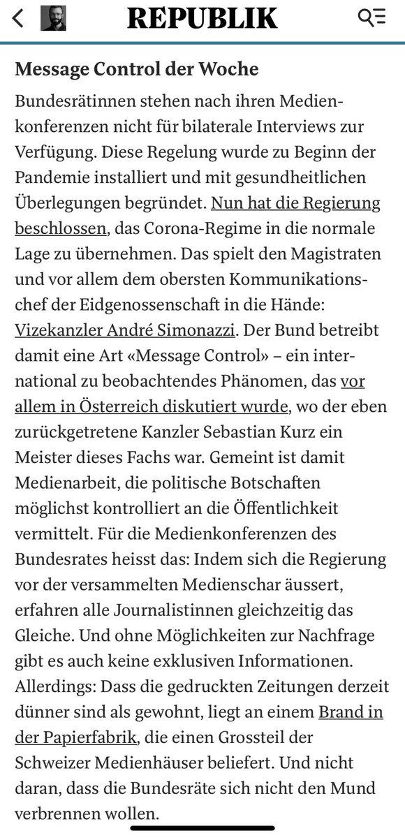 «Message Control der Woche»: ein paar einordnende Worte über die vom Bundesrat über die Pandemie hinweg verlängerte Unart, im Nachgang zu Medienkonferenzen keine bilateralen Interviews mehr zu geben.

republik.ch/2021/10/14/bun…

Aus dem «Briefing aus Bern» des <a href="/RepublikMagazin/">Republik</a>.