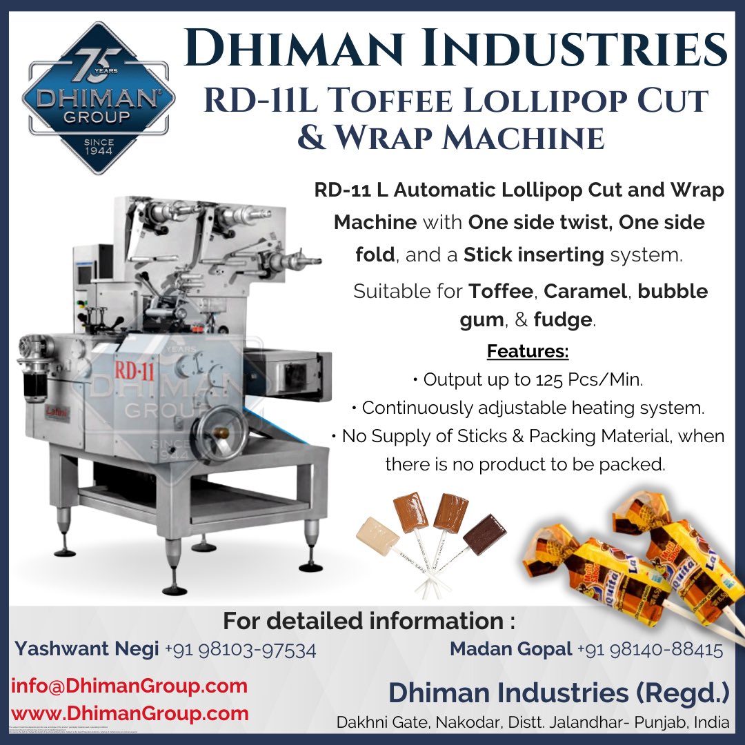 Dhiman_Group's tweet photo. #DhimanGroup's RD-11L #ToffeeLollipop #CutAndWrap #Machine
#DhimanIndustries is India's leading & pioneer manufacturer of #confectionerymachines since 1944.
https://t.co/340dOzuM77
#ConfectioneryEquipment #ToffeeMachine #LollipopMachine #PackingMachine #WrappingMachine #Dhiman https://t.co/sGRP6dLObQ