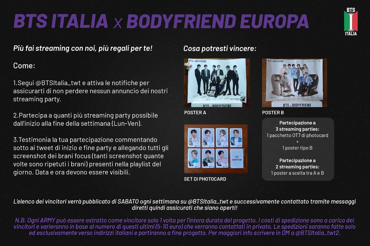 BTSItalia_twt2's tweet image. 🎶 BTS ITALIA × BODYFRIEND EUROPA 🎁

ARMY, collezionate poster e photocard dei @BTS_twt? 👀 
Grazie a Bodyfriend Europa abbiamo la possibilità di farvi vincere entrambi 😍 
Come? Facendo streaming insieme a noi! 🎶🥳 Preparate i dispositivi, vi aspettiamo 💜

Info nel poster ⬇️