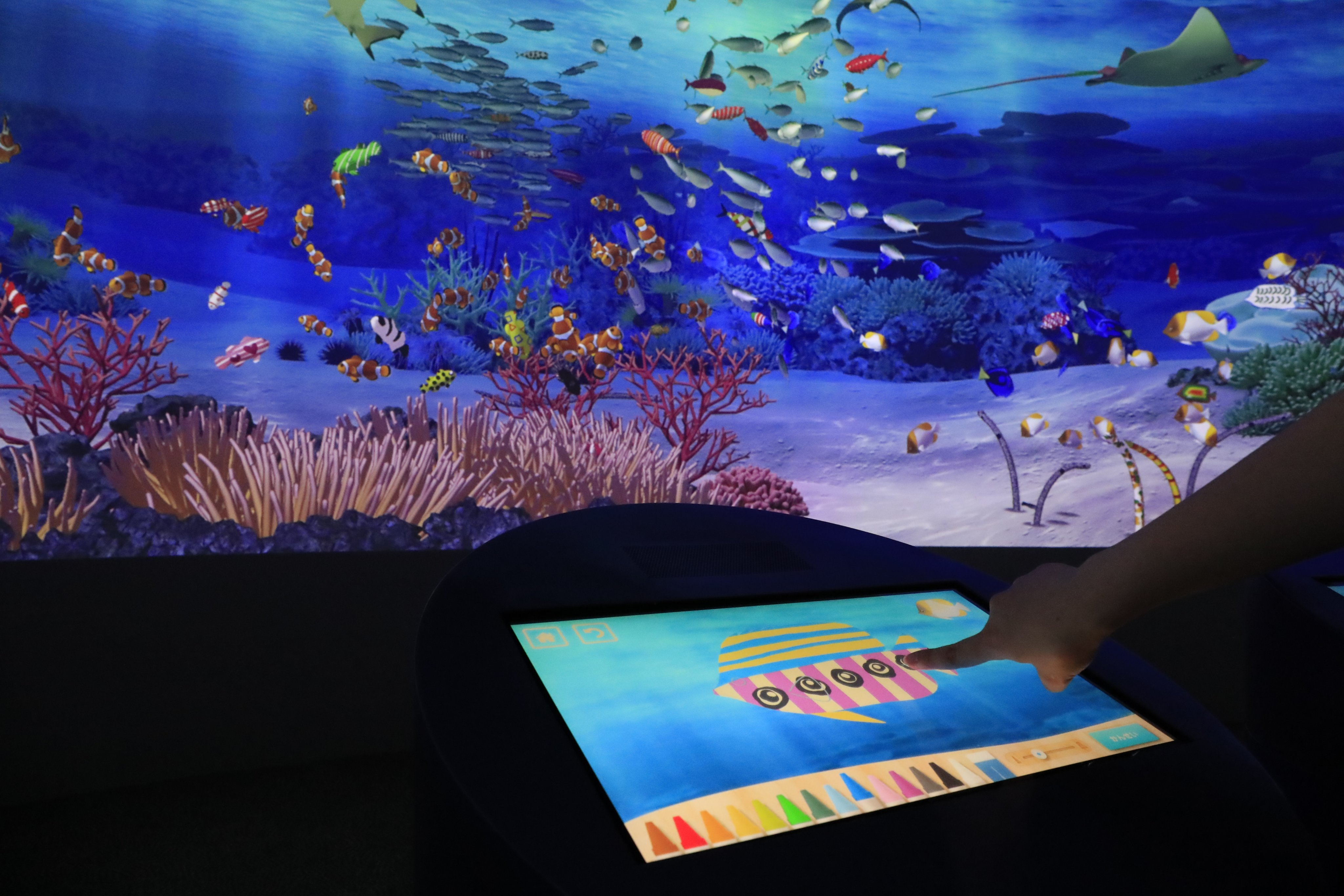 鴨川シーワールド 公式 芸術の秋 コーラルメッセージ で世界にひとつだけのお魚を生み出してみませんか エイやクマノミ チンアナゴなど 自分で色を塗った魚が幅7mの巨大デジタル水槽に泳きだします 群れになったり 隠れたり 種類ごとに異なる